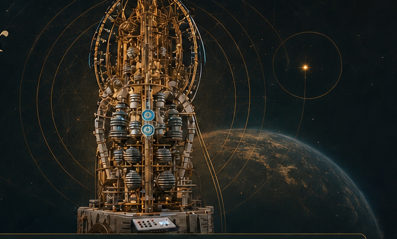 Harmonizador Planetário — torre instrumental em latão diante do planeta